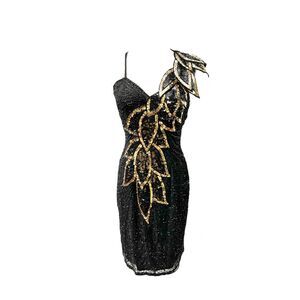Vintage Luxe 100% Silk NITE Line Fully Hand Beaded Black & Gold Cocktail Dress